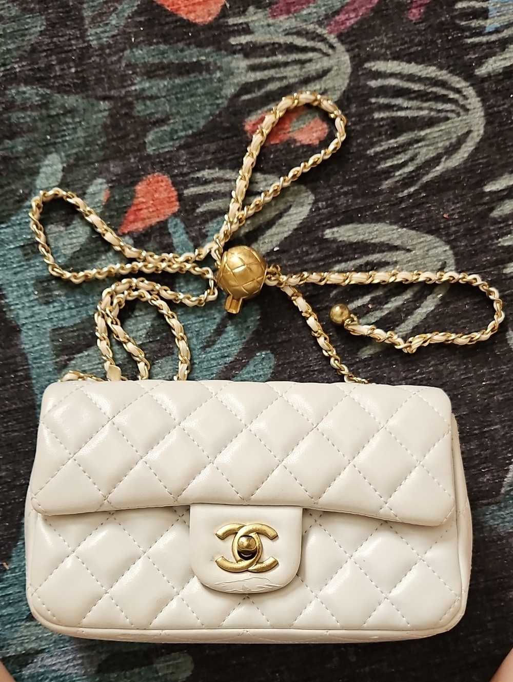 White Quilted Mini Flap Bag with Gold Chain Strap